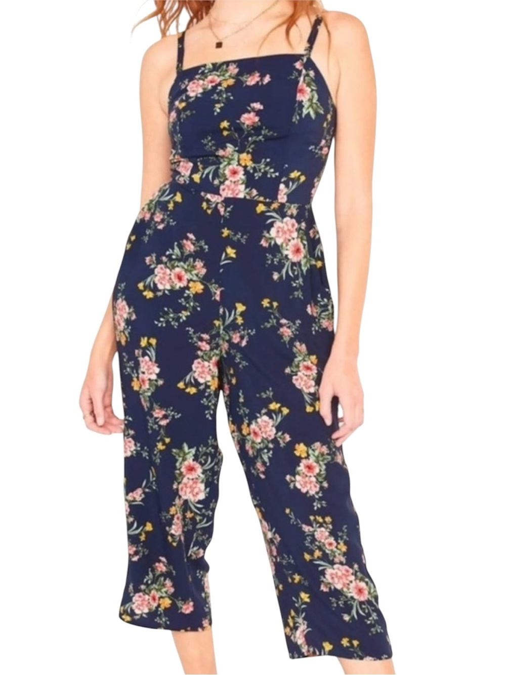 Old Navy Blue Floral Jumpsuit Cropped Wide Leg Smocked Back Pockets Straps Sz XL